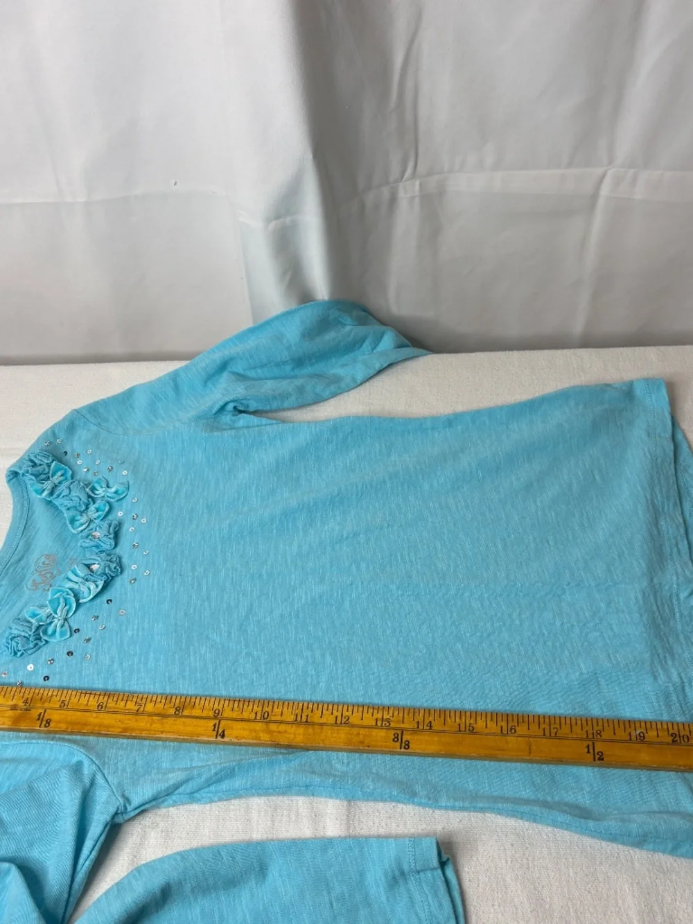 Vintage Justice Blue W/Bows/Flowers/Sequin Long Sleeve Shirt Size 10 Girl's EUC